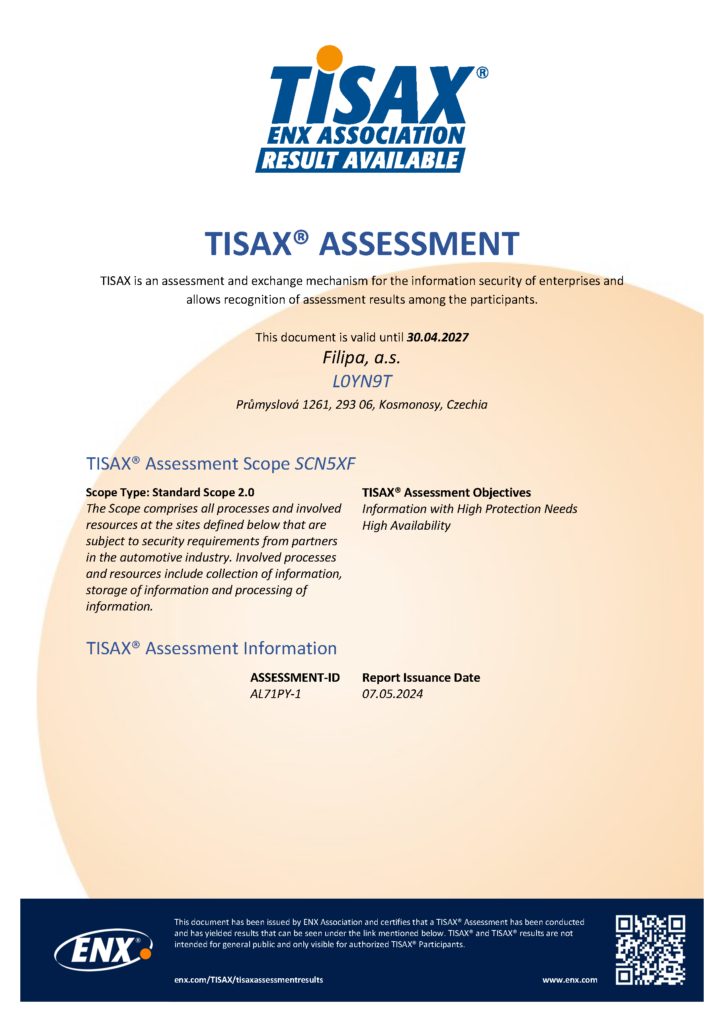 TISAX® Assessment Filipa, a.s. Kosmonosy